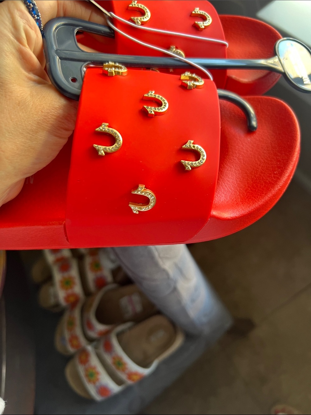 True Religion Red Slide Sandals with Gold Horsehoe Studs - Picture 5 of 5